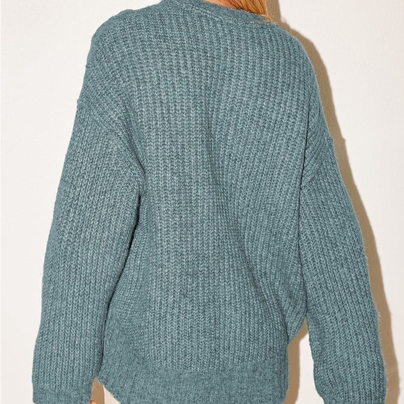 FREE People Molly Teal Multi Cable Knit Oversized Cardigan Sweater - Picture 3 of 13